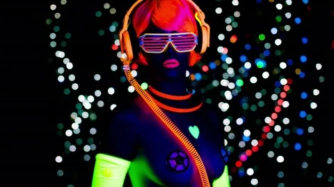 Glow uv neon sexy disco female cyber doll robot electronic toy Stock Footage