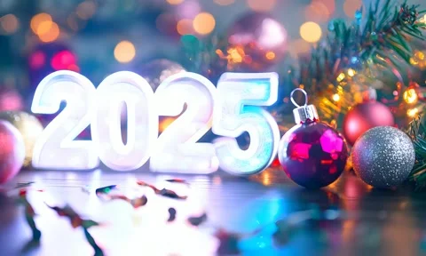 Glowing 2025 numbers with bright decorations and festive environment Stock Footage 296483495