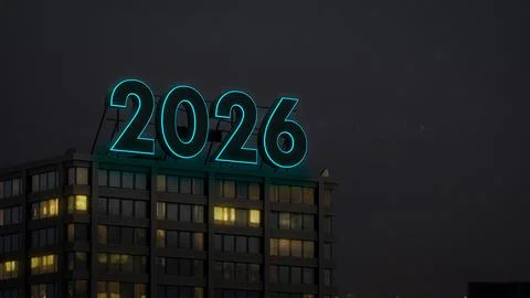 Glowing 2026 Neon Sign Above City Skyline イラスト素材