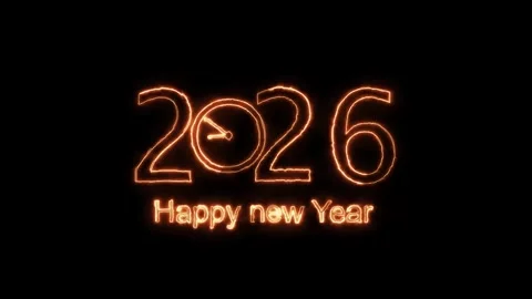 Glowing 2026 numbers with clock face and happy new year text animated with .. Stock Footage 321410465