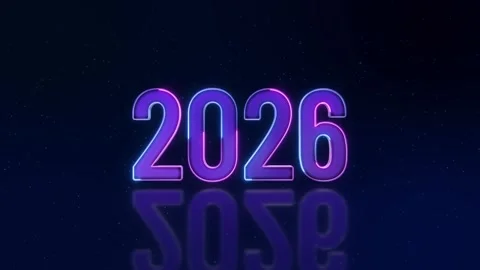 Glowing 2026 text animation blue neon background. New Year celebration Stock Footage 320786565