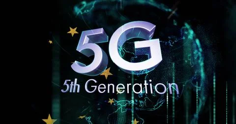 Glowing 3D 5G and 5th Generation hovering in digital network with wireframe Stock Photos