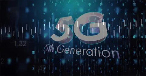 Glowing 3D 5G logo hovering in studio data-stream, with 5th Generation text and Stock Illustration