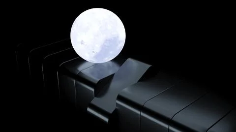 Glowing 3d ball rolls on surface. Design. Model of moon is rolling on dark Stock Illustration