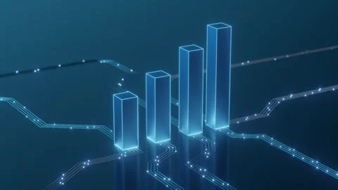 Glowing 3D Bar Chart with Neon Blue Circuit Lines on Dark Blue Background Stock Footage 336334335