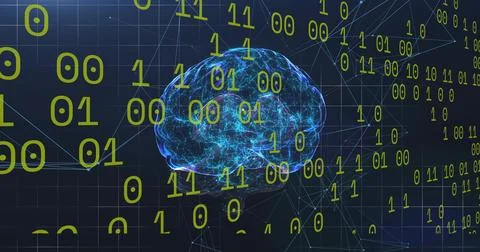 Glowing 3D brain emitting filaments in dark grid visualization, with floating 스톡 일러스트