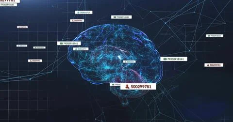 Glowing 3D brain hologram hovering over grid interface, displaying network mesh Ilustração Stock