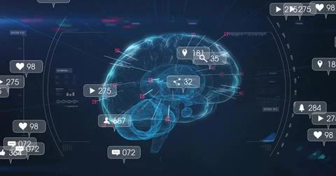 Glowing 3D brain pulsing through navy UI, with notification bubbles, magenta Stock Photos