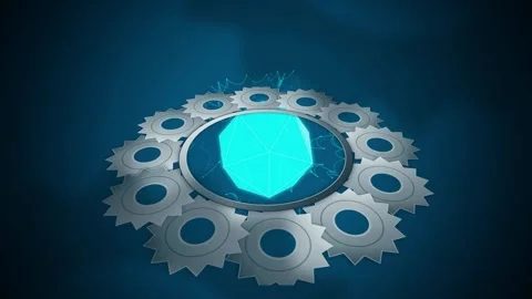 Glowing 3d crystal gear emblem twisting seamless loop motion Stock Footage 345657716
