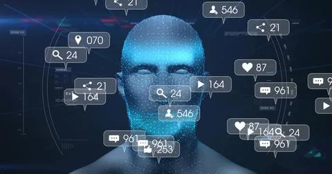 Glowing 3D dotted head and torso displaying notification badges and HUD rings Stock Illustration