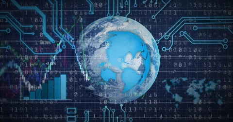 Glowing 3D Earth starting view, streaming binary code traces, bar chart Stock Footage 312905112