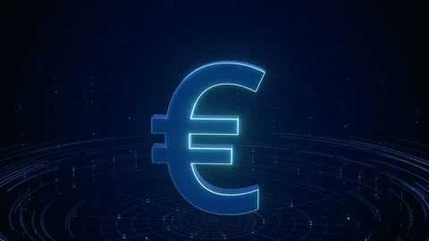 Glowing 3D euro symbol on virtual turntable for financial broadcast backdrop. Stock Footage 339904594