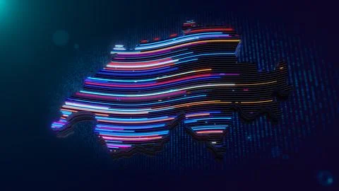 Glowing 3D Extruded Map of Switzerland Created with Neon Neon Lines on Dark.. Stock Illustration