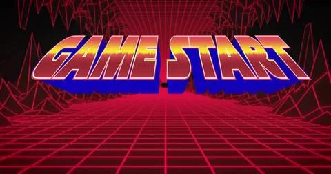 Glowing 3D GAME START text hovering over neon grid floor, wireframe peaks with Foto stock