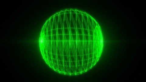 A glowing 3D grid sphere with intersecting neon green lines, representing a.. Stock Illustration
