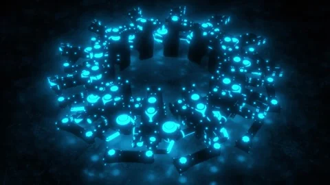 Glowing 3D Hinge Rotating Animation. Blue Color Illuminated on the Floor. 4K Stock Footage 279814016