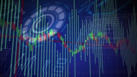 Glowing 3D hub activating rotating pulsing while bars adjusting and trend line Stock Footage 329927020