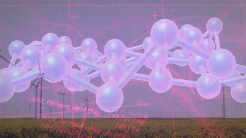 Glowing 3D molecular model hovering above field, wind turbines spinning, data Stock Footage 307859240