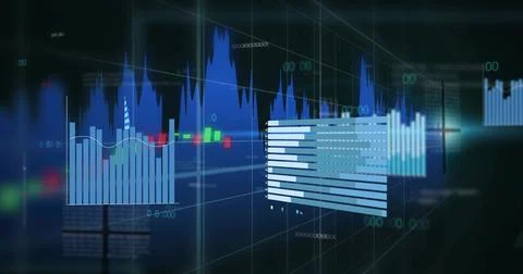 Glowing 3D panels floating in virtual dashboard showing blue chart stacked bars Stock Photos