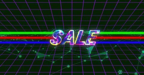 Glowing 3D 'SALE' text hovering near horizon in retro futuristic grid, with neon Stock Illustration
