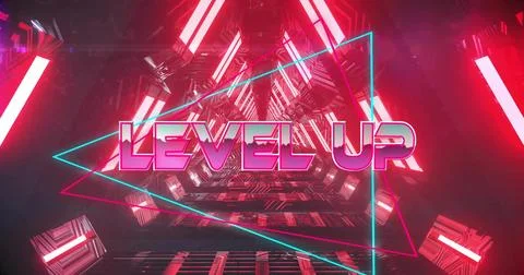 Glowing 3D stylized LEVEL UP text dominating mirrored tunnel, with neon Stock Illustration