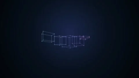 Glowing 3D wireframe cubes rotating on dark blue background Stock Footage 335893933