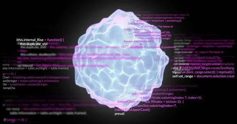 Glowing 3D wireframe data orb rippling cyan violet halo in virtual void, with Foto stock