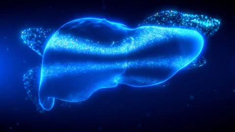 Glowing 3D wireframe liver scan visualizing digital hepatitis anatomy Stock-Illustration