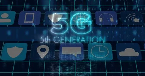 Glowing 5G label and subtitle hovering over virtual grid plane, with rounded  Illustrazione stock