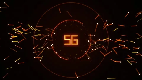 Glowing 5G logo hud circle with fast moving orange particles in seamless lo.. Stock Footage 344651694