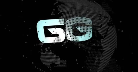 Glowing 5G text floating over rotating dotted globe against black backdrop, 스톡 사진