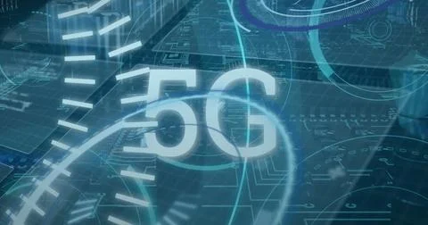 Glowing 5G text streaming across virtual network grid, with circuit board 写真素材