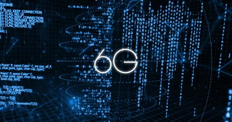 Glowing 6G symbol floating above 3D grid, animated illustration streaming code Stock Footage 307434481