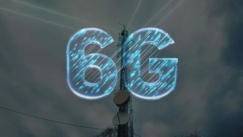 Glowing 6G Technology Over Telecommunication Tower Stock Footage 336009938
