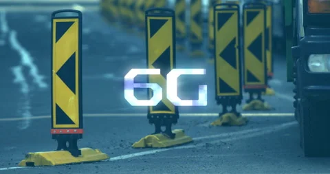 Glowing 6g text against caution road signs and city traffic in background Video stock 153158268