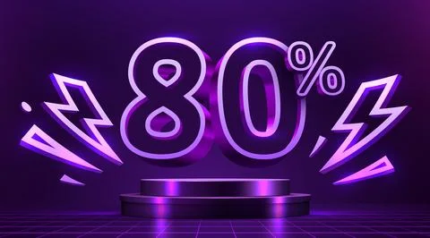 Glowing 80 discount with neon lightning on a dark stage. Stock Illustration