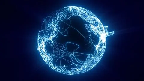 Glowing abstract blue sphere made of flowing light trails and digital lines.. 스톡 일러스트