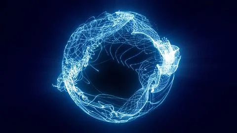 Glowing abstract blue sphere made of flowing light trails and digital lines.. Stock Illustration