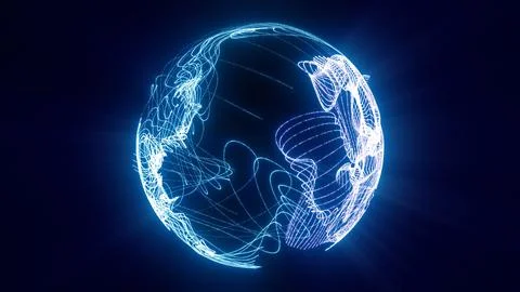 Glowing abstract blue sphere made of flowing light trails and digital lines.. Stock Photos