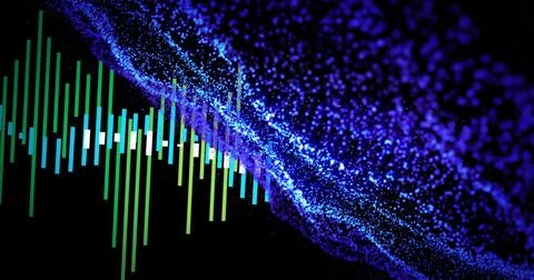 Glowing abstract equalizer bars pulsing across digital studio, with blue purple Stock Illustration