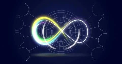 Glowing abstract infinity symbol hovering over navy backdrop, showing concentric 스톡 일러스트