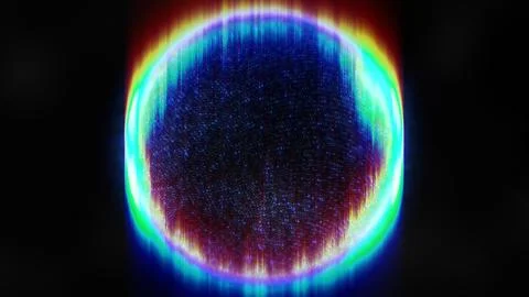 Glowing abstract neon sphere with digital glitch distortion Illustrazione stock