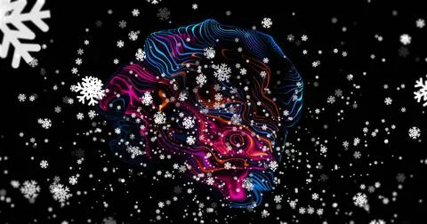 Glowing abstract neon topographic form floating on black backdrop, with Stock Illustration