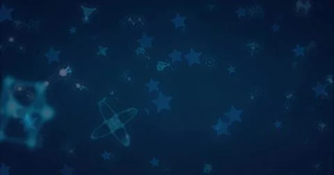 Glowing abstract pattern on navy-blue gradient, showing stars, nodes, lines, Illustrazione stock