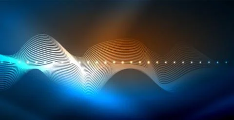 Glowing abstract wave on dark, shiny motion, magic space light. Vector techno Stock Illustration