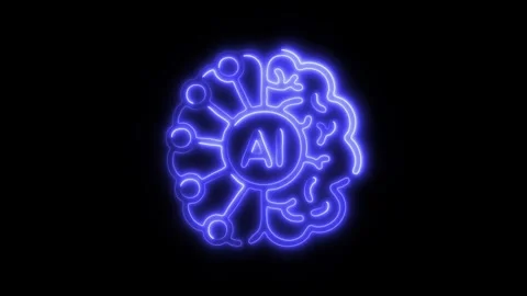 Glowing AI Brain Icon and Symbol in HD Video Neon Stock Footage 304556876