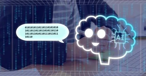 Glowing AI brain icon hovering over laptop on office desk, with binary code Stock Photos