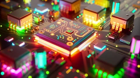 Glowing AI chip on a cyber technology circuit board Video stock 335577417