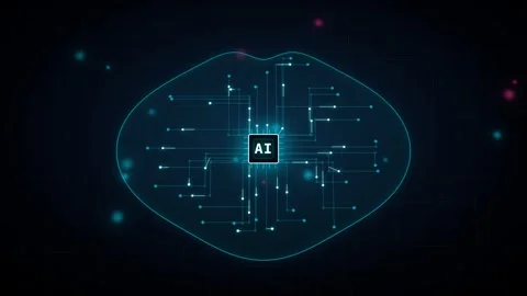 Glowing AI circuit board with brain chip outward pulses Stock Footage 339317287