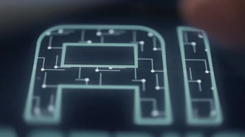 Glowing AI circuit emblem on a touchscreen used Stock Footage 342488853